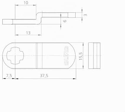 BURG gekröpfter Schließhebel Riegel technische Zeichnung 37,5 mm mit 6 mm Kröpfung