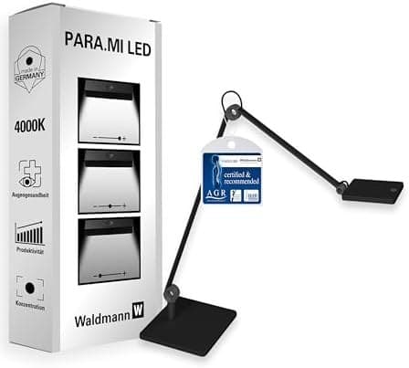 Waldmann PARA.MI ergonomische LED Arbeitsplatzleuchte mit Doppelgelenkarm und Verpackung