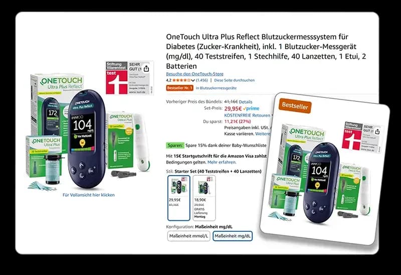 Amazon-Bestseller-Listing für das OneTouch Ultra Plus Reflect Blutzuckermesssystem-Set