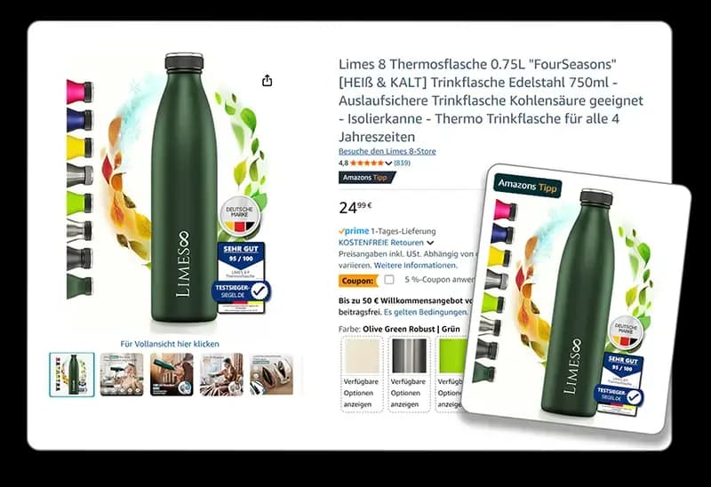 Amazon's-Tipp-Listing für die isolierte Limes 8 FourSeasons Edelstahl-Thermosflasche in Olivgrün