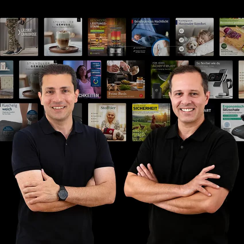 Die Geschäftsführer Elias und Reza von Visual Conversion vor einer Galerie erfolgreicher Amazon-Designs