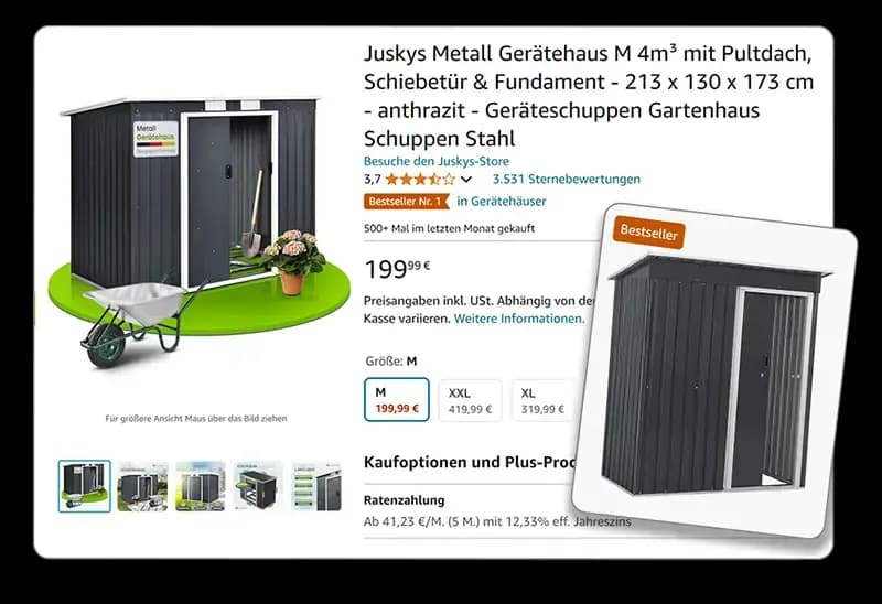 Amazon-Bestseller-Listing für das Juskys Metall-Gerätehaus in Anthrazit