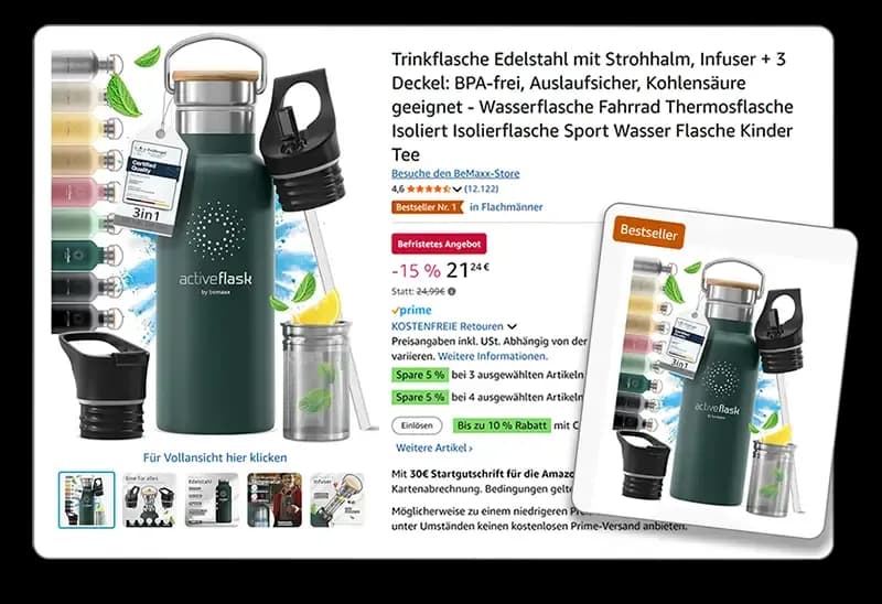 Amazon-Bestseller-Listing für die isolierte BeMaxx activeflask Edelstahl-Trinkflasche in Dunkelgrün