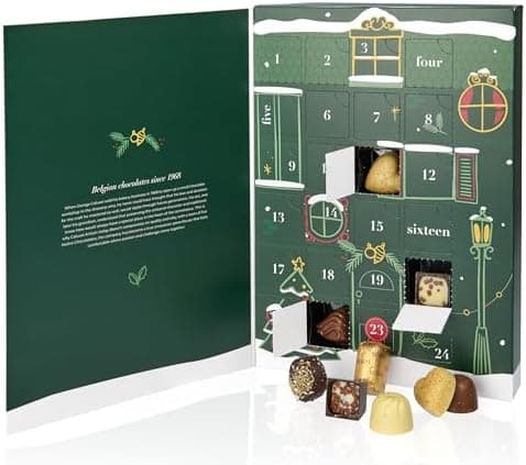 Titelbild des Pralinen-Adventskalenders: Produktfoto auf weißem Boden mit Spiegelung